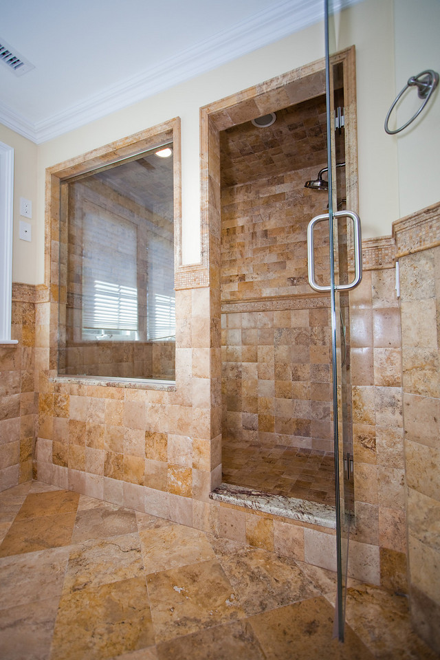 Bathroom, travertine tile - Newton, MA